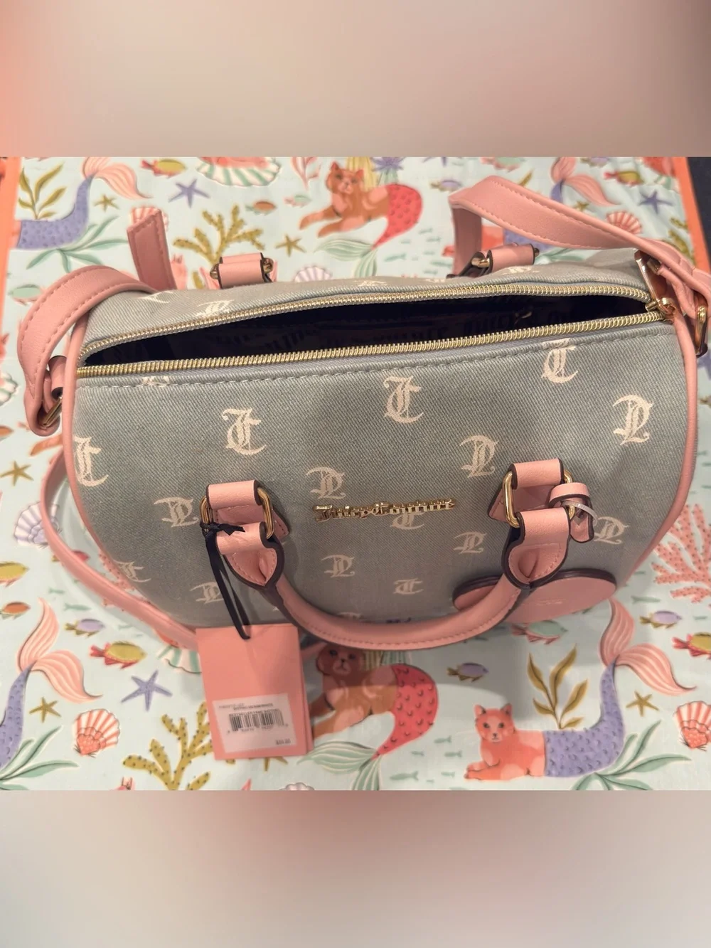 Juicy Couture Denim Purse w Long Strap & White Gothic Lettering w Pink Details